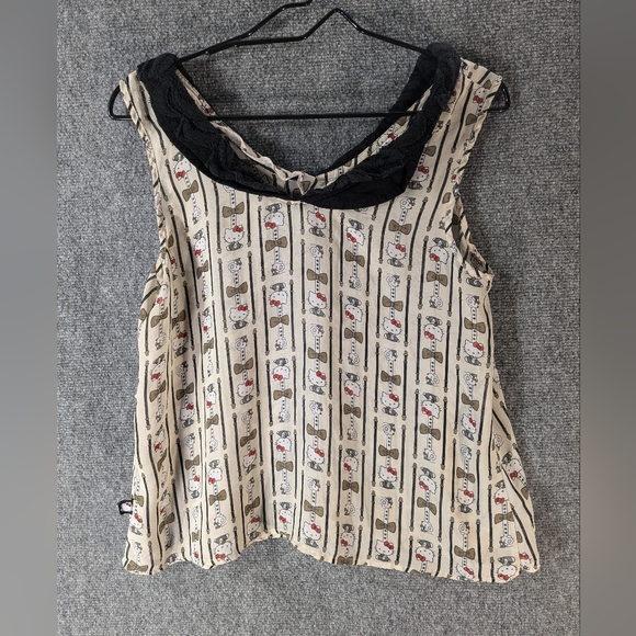 VTG SANRIO HELLO KITTY Print Blouse XL Sleeveless Lace Collar Sheer Tan Top - Picture 2 of 12
